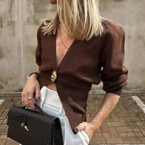 Brown Casual Women's V-Neck Button Long Sleeved Knitted Cardigan Top